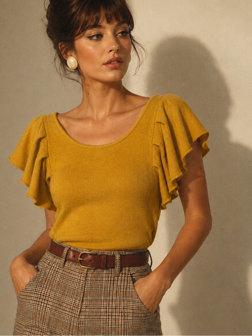 Anthropologie Robin Mustard Yellow Flutter Sleeve Sweater Top Wool Angora XS